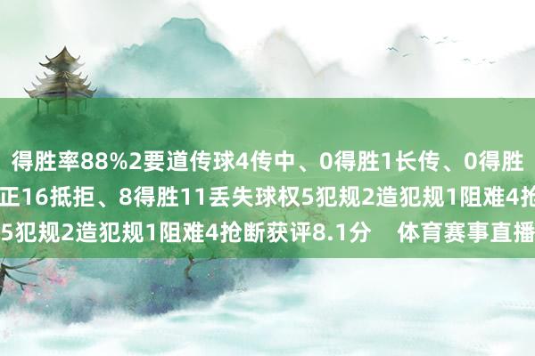 得胜率88%2要道传球4传中、0得胜1长传、0得胜1造良机1射门、0射正16抵拒、8得胜11丢失球权5犯规2造犯规1阻难4抢断获评8.1分    体育赛事直播