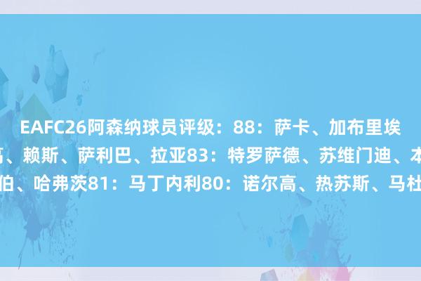 EAFC26阿森纳球员评级：88：萨卡、加布里埃尔87：约克雷斯、厄德高、赖斯、萨利巴、拉亚83：特罗萨德、苏维门迪、本-怀特、梅里诺82：廷伯、哈弗茨81：马丁内利80：诺尔高、热苏斯、马杜埃凯79：凯帕78：斯凯利、卡拉菲奥里、维埃拉    体育赛事直播
